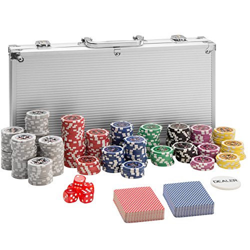 tectake® Pokerkoffer, Pokerset, Alu Koffer Set mit Pokerchips, Poker Koffer mit 300 Poker Chips, inkl. 2 Kartendecks + 5 Würfel + 1 Dealer Button, Silber von tectake