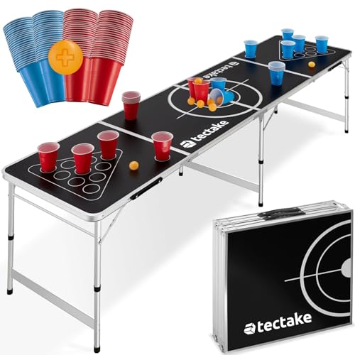 tectake® Bierpong Tisch, Beer Pong Tisch, inkl. 100 Becher (50 rot & 50 blau) und 6 Bälle, höhenverstellbar, Tisch klappbar mit Tragegriffen, Partyspiele für Erwachsene, Trinkspiel, Beer Pong von tectake