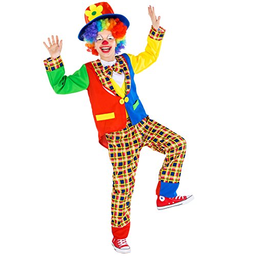 tectake Kinder-Teenkostüm Clown Sockenschuss | Buntes, wundervolles Kostüm | inkl. Schlapphut mit Blumen-Applikation (9-10 Jahre | Nr. 300803) von tectake