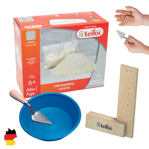 teifoc 9902 Bastel-Set - Mini Maurerkelle, Mörtelschale, 1.000 Gramm wasserlöslicher Mörtel und Anlegewinkel, Bastelset für Mädchen und Jungen, Basteln Kinder 4 5 6 Jahre, DIY Set Kinder von teifoc Germany