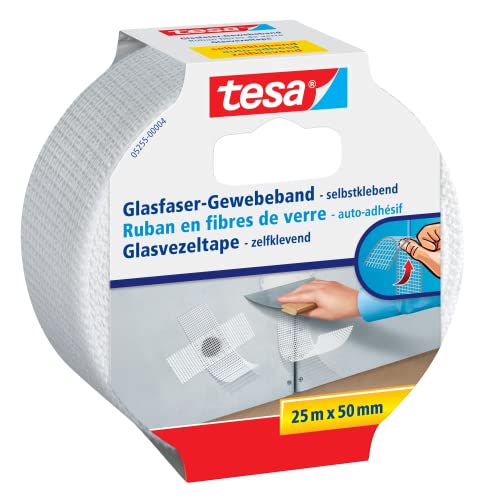 tesa Reparaturband für Risse in Wänden, Glasfaser-Gewebe, selbstklebend, 25m x 50mm (6 Rollen) von tesa