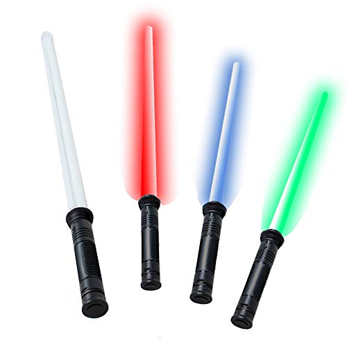 tevenger Lichtschwert Kinder Laserschwert Lightsaber 4-Fach LED Lichteffekte über den Drucksensor blau rot grün lila wählbar bis 78cm ausziehbare Klinge Griff schwarz von tevenger