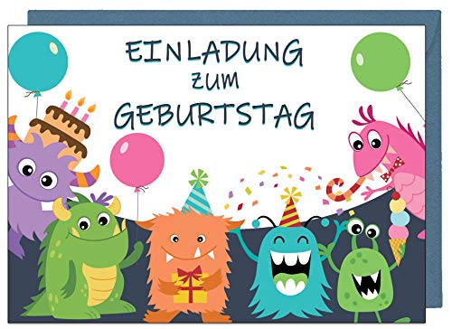 the lazy panda card company 20 Einladungskarten Kindergeburtstag: Monster Geburtstagseinladungen Einladungen Geburtstag Kinder Mädchen (20 Karten mit 20 passenden Umschlägen Briefumschlägen) von the lazy panda card company