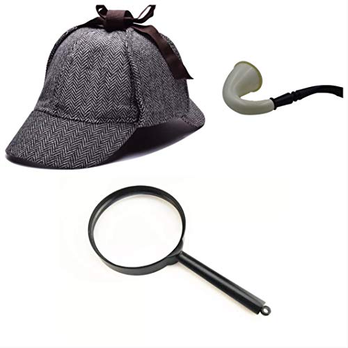 thematys Detektiv Kostüm Set – Komplett mit Deerstalker Hut, Pfeife & Lupe für Sherlock Holmes Fans, Ideal für Fasching & Halloween (Style002) von thematys