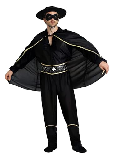 thematys Zorro Kostüm-Set für Erwachsene – Vollständige Verkleidung inklusive Maske, Hut & Cape für Herren, Ideal für Karneval, Fasching & Halloween, Anpassbare Einheitsgröße für Perfekte Passform von thematys