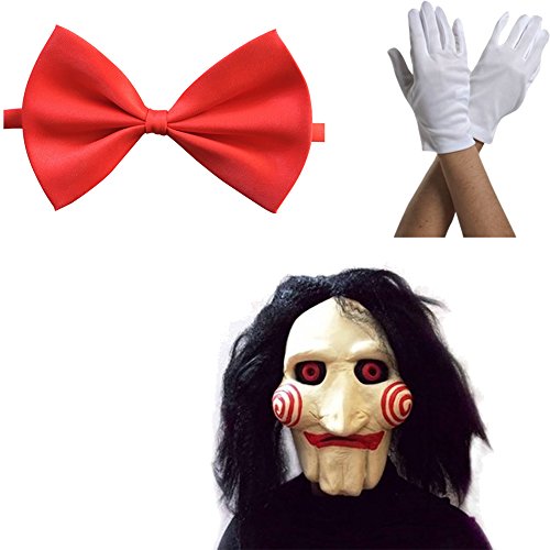 thematys Saw Jigsaw Maske SET – Vollkopfmaske mit Handschuhen und Fliege, aus Latex, gruseliges Horror Kostüm für Halloween, ideal für Fans und Partys, Unisex von thematys