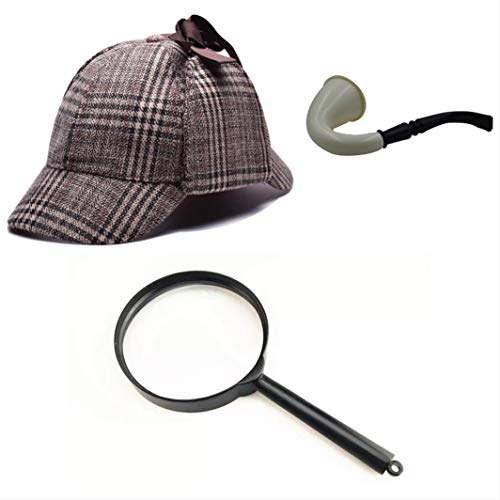 thematys Detektiv Kostüm Set – Komplett mit Deerstalker Hut, Pfeife & Lupe für Sherlock Holmes Fans, Ideal für Fasching & Halloween (Style001) von thematys