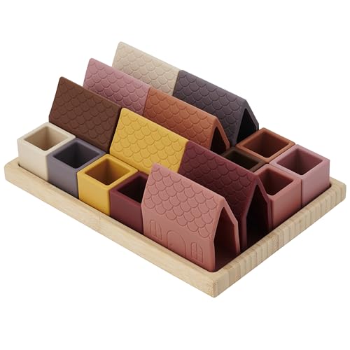 tickit SiliSoft Village Blocks – 16-teiliges Robustes Silikon- und Naturbambus-Bauset mit Hausblöcken und offenen Würfeln für fantasievolles, kreatives Bauen und sensorisches Spiel, Earth von tickit