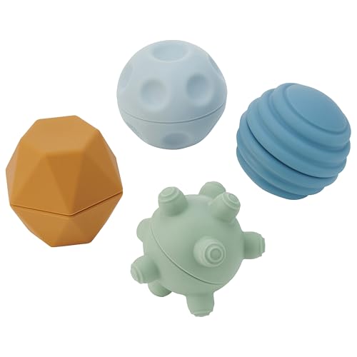 tickit Silisoft Sensorik-Bälle – 4 weiche Silikon-Bälle mit Strukturen und aufschraubbaren Rasseln für Babys sensorisches Spiel, Neutral von tickit