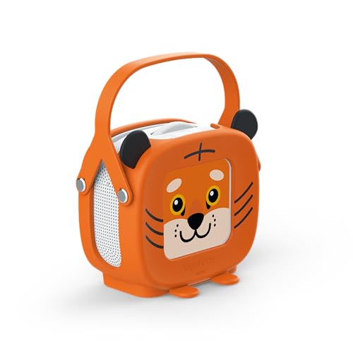 tigermedia tigerbox MINI Starterset Tiggi Tiger, Audio-Streamingbox für Kinder mit Lautstärkebegrenzung, Stereo, Einstellrad, Klinkenstecker, Tragehülle, Farbe orange, inkl. 4 Wochen tigertones Zugang von tigermedia