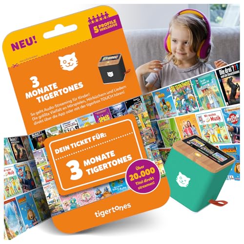 tigermedia tigertones-Ticket 3 Monate | Streaming für tigerbox Touch | Über 20.000 Hörspiele & Hörbücher | Kindermusik 5 Profile | Bibi & Tina | Peppa Wutz | Werbefreier Hörspaß | tigerbox Zubehör von tigermedia