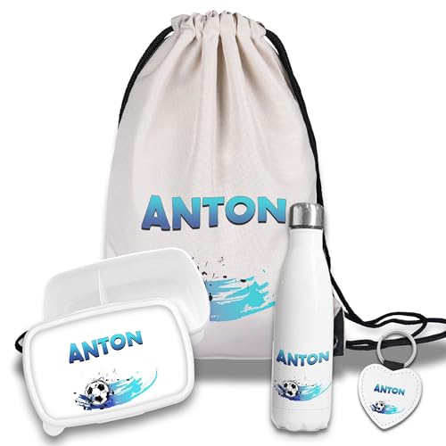 Kinder Schulset Brotdose, Trinkflasche, Turnbeutel personalisiert mit Namen | Set Wasserflasche Edelstahl | Lunchbox mit Trennwand | Geschenk zur Einschulung & Kindergarten | 11 - Fussballer blau von timalo