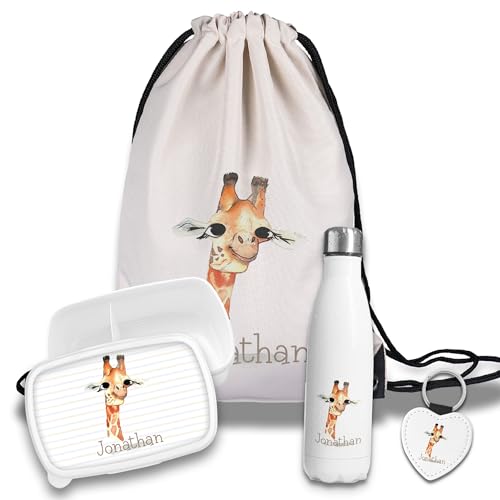 Kinder Schulset Brotdose, Trinkflasche, Turnbeutel personalisiert mit Namen | Set Wasserflasche Edelstahl | Lunchbox mit Trennwand | Geschenk zur Einschulung & Kindergarten | 18- Giraffe von timalo