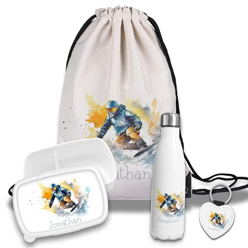 Kinder Schulset Brotdose, Trinkflasche, Turnbeutel personalisiert mit Namen | Set Wasserflasche Edelstahl | Lunchbox mit Trennwand | Geschenk zur Einschulung & Kindergarten | 20 - Snowboarder von timalo