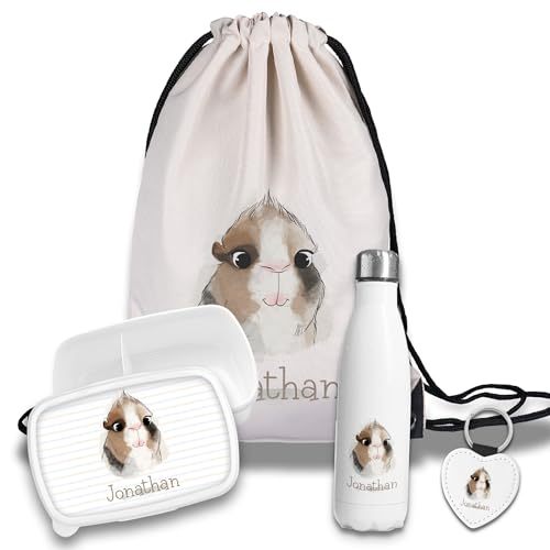 Kinder Schulset Brotdose, Trinkflasche, Turnbeutel personalisiert mit Namen | Set Wasserflasche Edelstahl | Lunchbox mit Trennwand | Geschenk zur Einschulung & Kindergarten | 50- Meerschweinchen von timalo