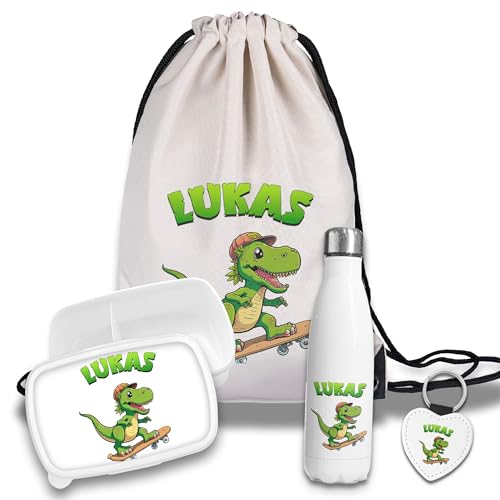 Kinder Schulset Brotdose, Trinkflasche, Turnbeutel personalisiert mit Namen | Set Wasserflasche Edelstahl | Lunchbox mit Trennwand | Geschenk zur Einschulung & Kindergarten | 8 - Dino Skateboard Kinder Schulset Brotdose, Trinkflasche, Turnbeutel personalisiert mit Namen | Set Wasserflasche Edelstahl | Lunchbox mit Trennwand | Geschenk zur Einschulung & Kindergarten | 8 - Dino Skateboard von timalo
