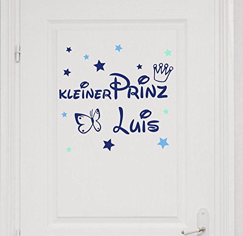 Türaufkleber mit Namen~Kleiner Prinz mit Schmetterling ~ 73008-tricolore-blau, mit bunten Sternen fürs Jungenzimmer, Kinderzimmer Jungen, Wandaufkleber Wandtatoos Sticker Aufkleber für die Wand von timalo