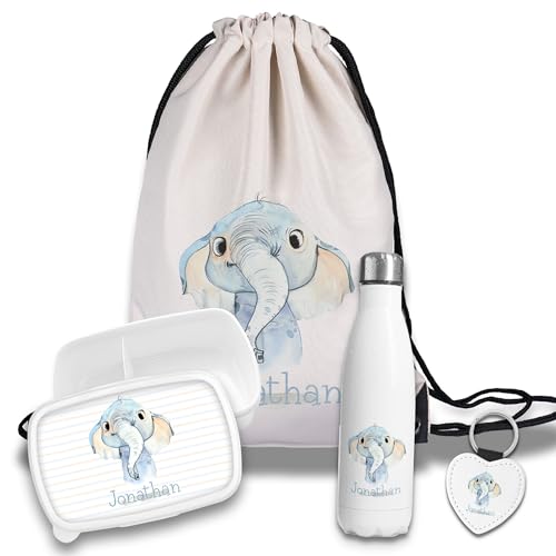 timalo Kinder Schulset Brotdose, Trinkflasche, Turnbeutel personalisiert mit Namen | Set Wasserflasche Edelstahl | Lunchbox mit Trennwand | Geschenk zur Einschulung & Kindergarten | 03- Elefant timalo Kinder Schulset Brotdose, Trinkflasche, Turnbeutel personalisiert mit Namen | Set Wasserflasche Edelstahl | Lunchbox mit Trennwand | Geschenk zur Einschulung & Kindergarten | 03- Elefant von timalo