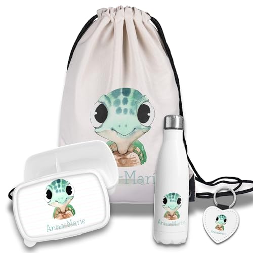 timalo Kinder Schulset Brotdose, Trinkflasche, Turnbeutel personalisiert mit Namen | Set Wasserflasche Edelstahl | Lunchbox mit Trennwand | Geschenk zur Einschulung & Kindergarten | 04- Schildkröte von timalo