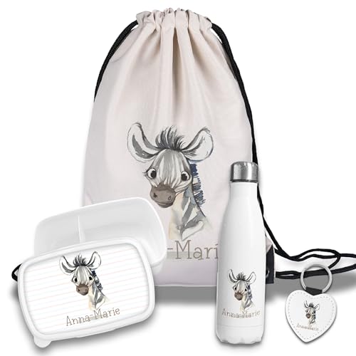 timalo Kinder Schulset Brotdose, Trinkflasche, Turnbeutel personalisiert mit Namen | Set Wasserflasche Edelstahl | Lunchbox mit Trennwand | Geschenk zur Einschulung & Kindergarten | 05- Zebra von timalo