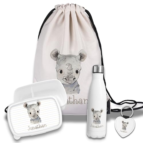 timalo Kinder Schulset Brotdose, Trinkflasche, Turnbeutel personalisiert mit Namen | Set Wasserflasche Edelstahl | Lunchbox mit Trennwand | Geschenk zur Einschulung & Kindergarten | 07- Nashorn timalo Kinder Schulset Brotdose, Trinkflasche, Turnbeutel personalisiert mit Namen | Set Wasserflasche Edelstahl | Lunchbox mit Trennwand | Geschenk zur Einschulung & Kindergarten | 07- Nashorn von timalo