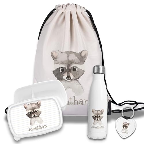 timalo Kinder Schulset Brotdose, Trinkflasche, Turnbeutel personalisiert mit Namen | Set Wasserflasche Edelstahl | Lunchbox mit Trennwand | Geschenk zur Einschulung & Kindergarten | 08- Waschbär von timalo