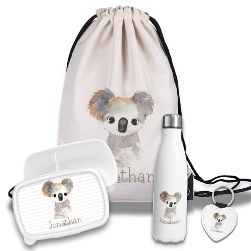 timalo Kinder Schulset Brotdose, Trinkflasche, Turnbeutel personalisiert mit Namen | Set Wasserflasche Edelstahl | Lunchbox mit Trennwand | Geschenk zur Einschulung & Kindergarten | 09- Koala von timalo