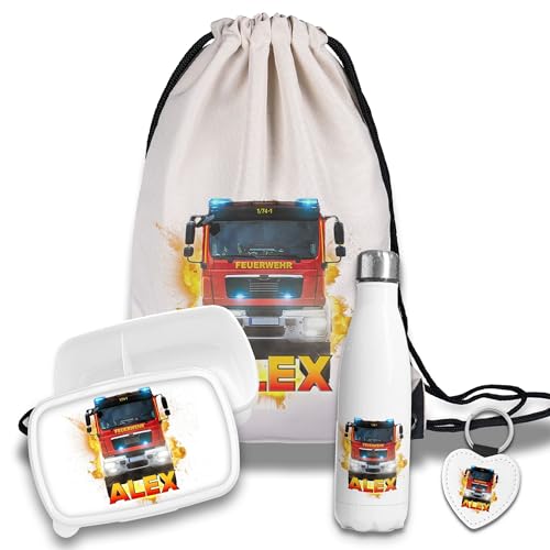 timalo Kinder Schulset Brotdose, Trinkflasche, Turnbeutel personalisiert mit Namen | Set Wasserflasche Edelstahl | Lunchbox mit Trennwand | Geschenk zur Einschulung & Kindergarten | 1 - Feuerwehr von timalo