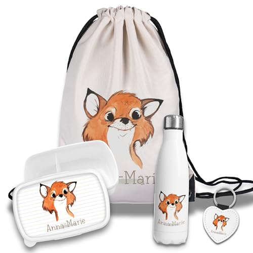 timalo Kinder Schulset Brotdose, Trinkflasche, Turnbeutel personalisiert mit Namen | Set Wasserflasche Edelstahl | Lunchbox mit Trennwand | Geschenk zur Einschulung & Kindergarten | 13- Fuchs von timalo