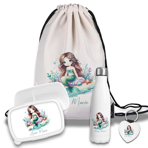 timalo Kinder Schulset Brotdose, Trinkflasche, Turnbeutel personalisiert mit Namen | Set Wasserflasche Edelstahl | Lunchbox mit Trennwand | Geschenk zur Einschulung & Kindergarten | 14 - Meerjungfrau von timalo