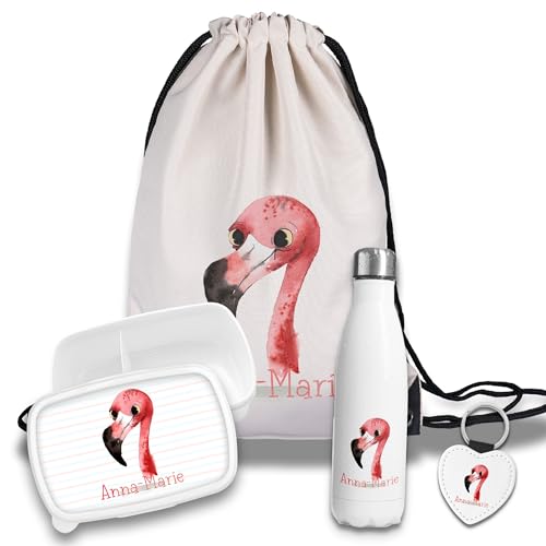 timalo Kinder Schulset Brotdose, Trinkflasche, Turnbeutel personalisiert mit Namen | Set Wasserflasche Edelstahl | Lunchbox mit Trennwand | Geschenk zur Einschulung & Kindergarten | 16- Flamingo von timalo