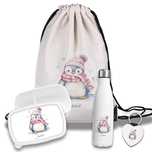 timalo Kinder Schulset Brotdose, Trinkflasche, Turnbeutel personalisiert mit Namen | Set Wasserflasche Edelstahl | Lunchbox mit Trennwand | Geschenk zur Einschulung & Kindergarten | 19 - Pinguin von timalo