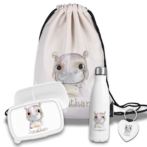timalo Kinder Schulset Brotdose, Trinkflasche, Turnbeutel personalisiert mit Namen | Set Wasserflasche Edelstahl | Lunchbox mit Trennwand | Geschenk zur Einschulung & Kindergarten | 21- Nilpferd timalo Kinder Schulset Brotdose, Trinkflasche, Turnbeutel personalisiert mit Namen | Set Wasserflasche Edelstahl | Lunchbox mit Trennwand | Geschenk zur Einschulung & Kindergarten | 21- Nilpferd von timalo