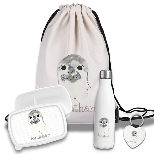 timalo Kinder Schulset Brotdose, Trinkflasche, Turnbeutel personalisiert mit Namen | Set Wasserflasche Edelstahl | Lunchbox mit Trennwand | Geschenk zur Einschulung & Kindergarten | 22- Robbe von timalo