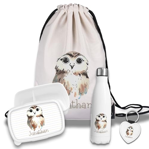 timalo Kinder Schulset Brotdose, Trinkflasche, Turnbeutel personalisiert mit Namen | Set Wasserflasche Edelstahl | Lunchbox mit Trennwand | Geschenk zur Einschulung & Kindergarten | 23- Eule timalo Kinder Schulset Brotdose, Trinkflasche, Turnbeutel personalisiert mit Namen | Set Wasserflasche Edelstahl | Lunchbox mit Trennwand | Geschenk zur Einschulung & Kindergarten | 23- Eule von timalo