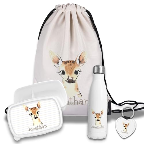 timalo Kinder Schulset Brotdose, Trinkflasche, Turnbeutel personalisiert mit Namen | Set Wasserflasche Edelstahl | Lunchbox mit Trennwand | Geschenk zur Einschulung & Kindergarten | 24- REH von timalo