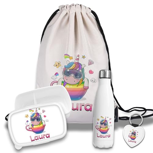 timalo Kinder Schulset Brotdose, Trinkflasche, Turnbeutel personalisiert mit Namen | Set Wasserflasche Edelstahl | Lunchbox mit Trennwand | Geschenk zur Einschulung & Kindergarten | 4 - Einhorn2 von timalo