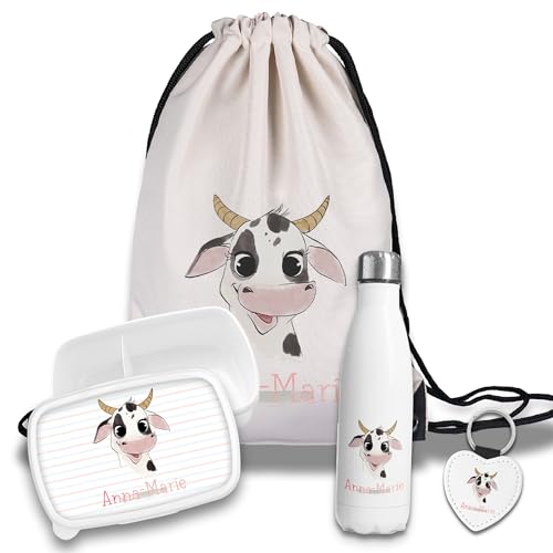 timalo Kinder Schulset Brotdose, Trinkflasche, Turnbeutel personalisiert mit Namen | Set Wasserflasche Edelstahl | Lunchbox mit Trennwand | Geschenk zur Einschulung & Kindergarten | 46- Kuh timalo Kinder Schulset Brotdose, Trinkflasche, Turnbeutel personalisiert mit Namen | Set Wasserflasche Edelstahl | Lunchbox mit Trennwand | Geschenk zur Einschulung & Kindergarten | 46- Kuh von timalo