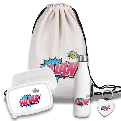 timalo Kinder Schulset Brotdose, Trinkflasche, Turnbeutel personalisiert mit Namen | Set Wasserflasche Edelstahl | Lunchbox mit Trennwand | Geschenk zur Einschulung & Kindergarten | 9 - Comic timalo Kinder Schulset Brotdose, Trinkflasche, Turnbeutel personalisiert mit Namen | Set Wasserflasche Edelstahl | Lunchbox mit Trennwand | Geschenk zur Einschulung & Kindergarten | 9 - Comic von timalo