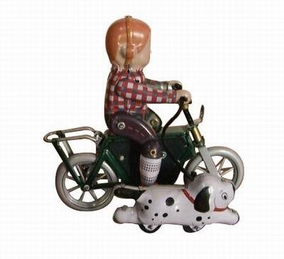 Blechspielzeug zum Aufziehen tin toys wind up new rare-Kind spaziert Hund und fährt Fahrrad rot braun von tintoys
