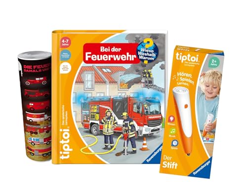tiptoi Ravensburger Set: Wieso? Weshalb? Warum? Bei der Feuerwehr (Kinderbuch) + 00110 Stift mit Poster, Lernspielzeug für Kinder von tiptoi