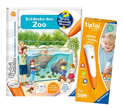 Ravensburger tiptoi Set: Wieso? Weshalb? Warum? | Entdecke den Zoo (Kinderbuch) + 00110 tiptoi Der Stift, Lernspielzeug für Kinder von tiptoi