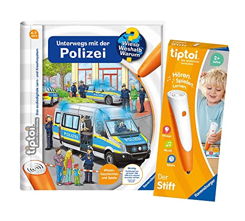 Ravensburger tiptoi Set: Wieso? Weshalb? Warum? Unterwegs mit der Polizei (Kinderbuch) + 00110 tiptoi Stift, Lernspielzeug für Kinder von tiptoi