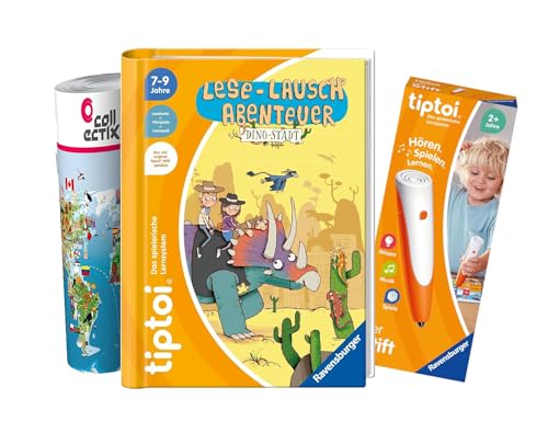 tiptoi Ravensburger Set: Lese-Lausch-Abenteuer | Dino-Stadt + 00110 Stift, Lernspielzeug für Kinder mit Welt-Karte von tiptoi