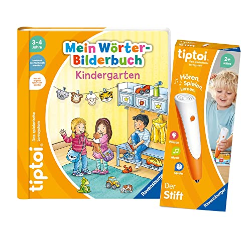 tiptoi Ravensburger Set: Mein Wörter-Bilderbuch | Kindergarten (Kinderbuch) + 00801 Der Stift - mit Aufnahmefunktion + 1x Create-Sticker von tiptoi