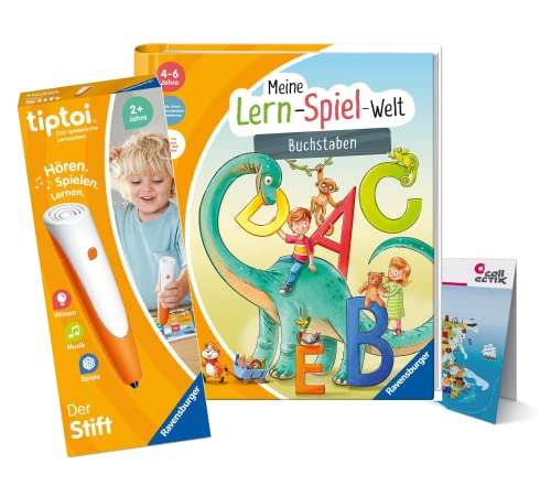 tiptoi Ravensburger Set: Meine Lern-Spiel-Welt - Buchstaben (Kinderbuch) + 00110 Stift + Kinder-Weltkarte, Lernspielzeug für Kinder von tiptoi