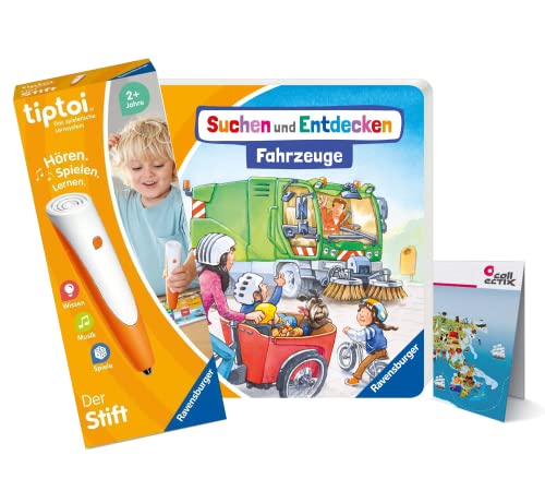 tiptoi Ravensburger Set: Suchen und Entdecken - Fahrzeuge (Kinderbuch) + 00110 Stift + Kinder-Weltkarte, Lernspielzeug für Kinder von tiptoi