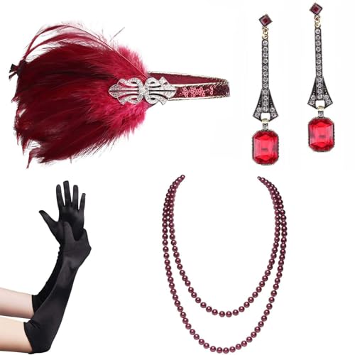 tixoacke Weibliches Flapper-Kostüm GatsbyParty Stirnband Halskette Ohrringe Handschuhe 1920er Jahre Vintage Cosplay Party Kostüm Zubehör Set 1920er Jahre Stirnband Set Kostüm Zubehör Mottoparty von tixoacke