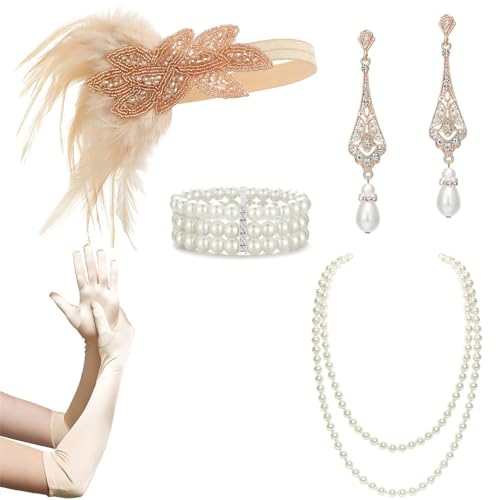 tixoacke Weibliches Flapper-Kostüm GatsbyParty Stirnband Halskette Ohrringe Handschuhe 1920er Vintage Cosplay Party Kostüm Zubehör Set 1920er Jahre Stirnband Set Kostüm Zubehör Mottoparty Zubehör von tixoacke