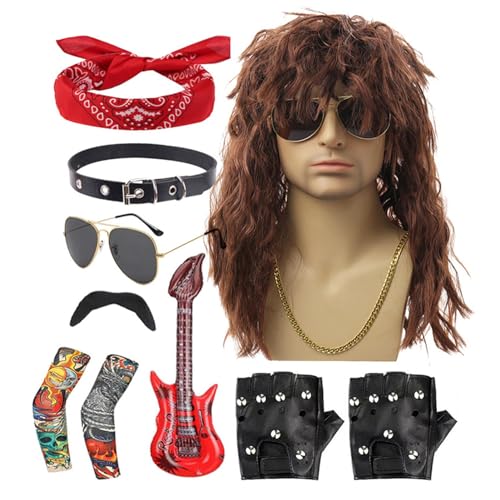 tongfeng 80er-Rocker-Kostüme für Herren,80er-Rocker-Kostüm,10-teiliges 80er-Jahre-Disco-Rocker-Kostüm-Set - Punk-Partyzubehör, inklusive Perücke, Stirnband, Kragen, Sonnenbrille, Handschuhen, Ärmeln, von tongfeng